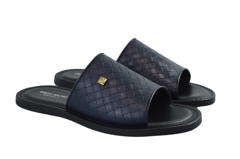 Rosie Mears Vitello -Navy  Blue Italian Leather Men Slides